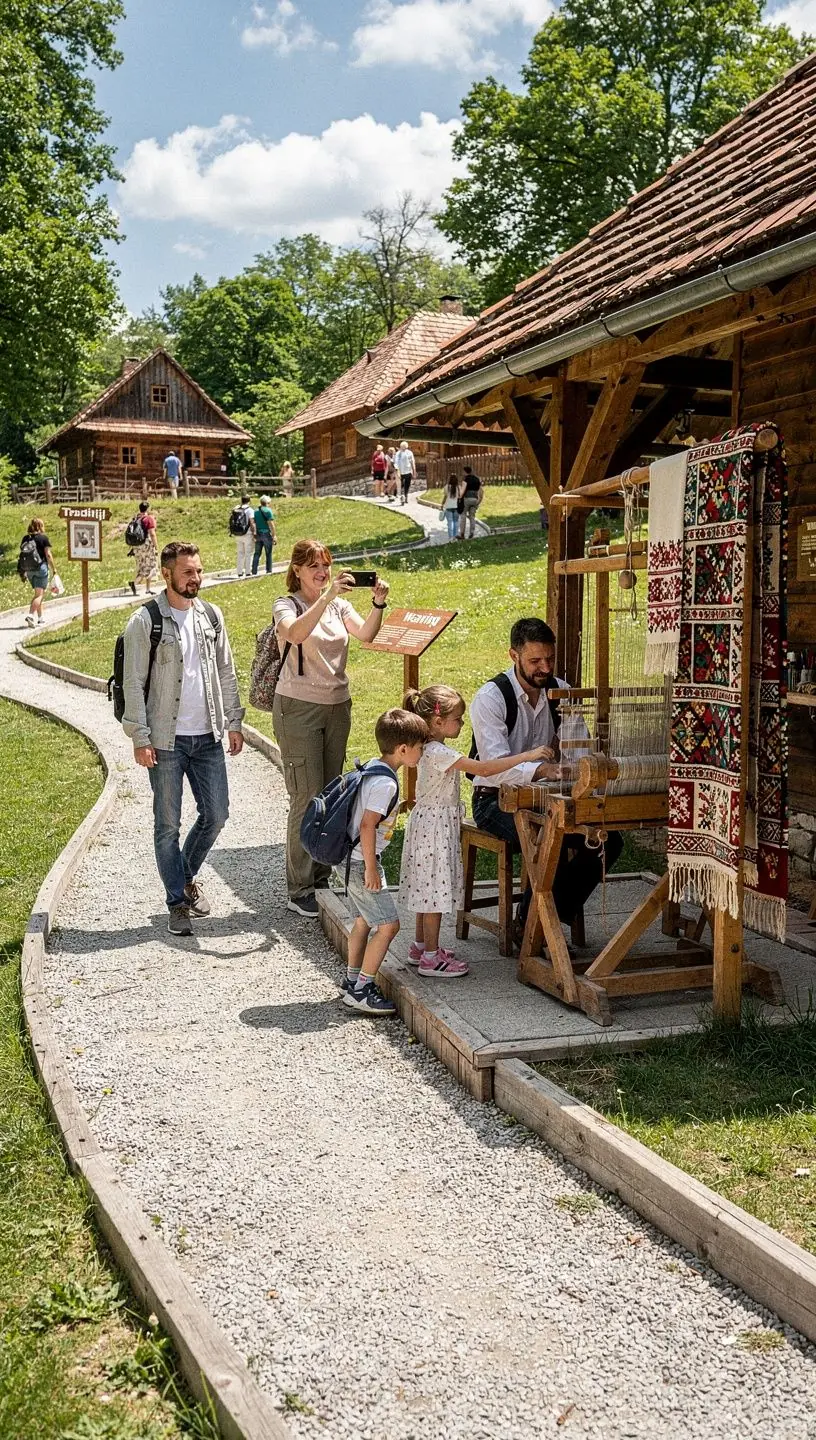 A family exploring the scenic landscapes of the Carpathian Mountains in Romania.