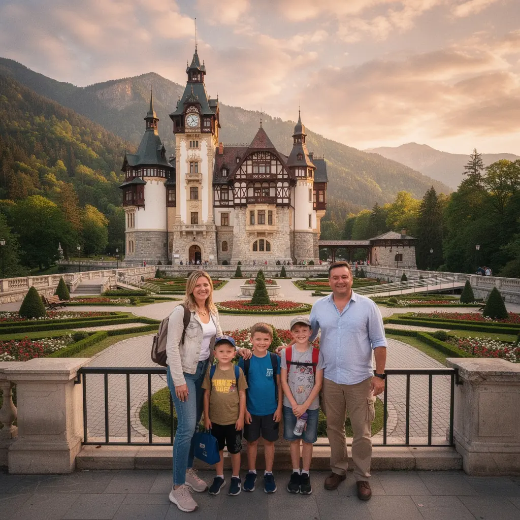 A group of travelers visiting a vibrant market, showcasing local crafts and foods in Romania.